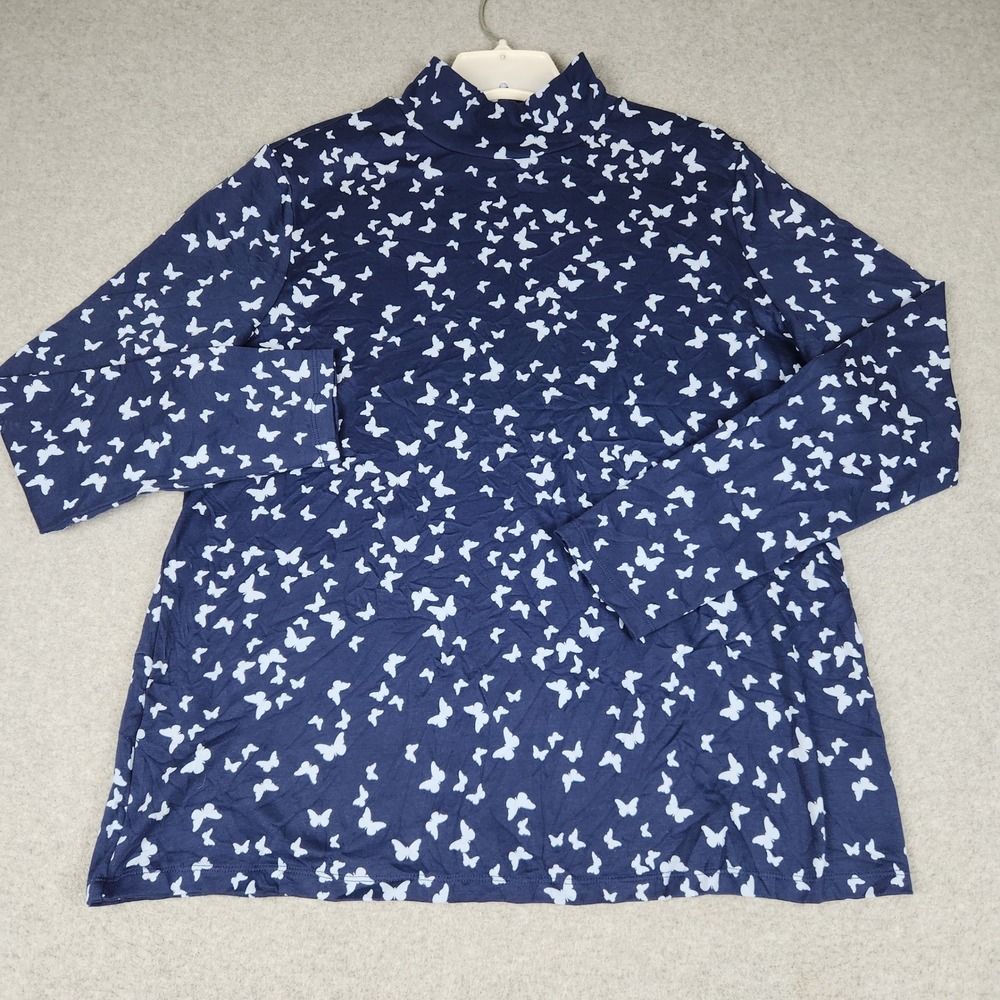 Croft & Barrow Top Womens XXL Navy Blue Butterfly Print Mock Neck Long Sleeve